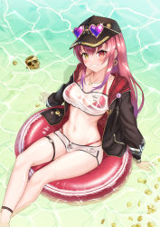 Rule 34 | 1girl, absurdres, ankle strap, bare legs, baseball cap, beach, bikini, bikini under clothes, black hat, black jacket, blush, breasts, cleavage, coin, commentary, crossed legs, day, dolphin shorts, earrings, eyewear on headwear, feet out of frame, from above, glint, gold, gold coin, gradient hair, grin, hair between eyes, hair down, hat, heart, heart-shaped pupils, heart earrings, heart necklace, heterochromia, highres, hololive, houshou marine, houshou marine (summer), innertube, jacket, jewelry, jiu fanglianhua, large breasts, long hair, looking at viewer, micro shorts, multicolored hair, navel, necklace, o-ring, o-ring legwear, o-ring thigh strap, official alternate costume, open clothes, open jacket, outdoors, plaid, plaid jacket, purple hair, red bikini, red eyes, red hair, see-through, shorts, sitting, skull cup, smile, soaking feet, soaking hands, solo, stomach, strapless, swim ring, swimsuit, symbol-shaped pupils, thigh strap, tinted eyewear, tube top, two-sided fabric, two-sided jacket, two-tone hair, unzipped, virtual youtuber, water, wet, wet clothes, white shorts, yellow eyes