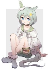 Rule 34 | 1girl, :d, animal ears, blue eyes, choker, collarbone, crossed ankles, ear covers, full body, green hair, grey background, hair ornament, hairclip, highres, horse ears, horse girl, horse tail, looking at viewer, open mouth, seiun sky (umamusume), shone, short hair, shorts, simple background, single ear cover, sitting, smile, solo, tail, thigh strap, umamusume, wide sleeves