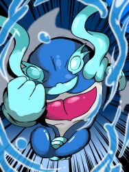 Rule 34 | aqua eyes, artist request, blue background, bright pupils, clenched hand, clenched hands, creatures (company), emphasis lines, game freak, highres, nintendo, no humans, palafin, palafin (hero), pectorals, pokemon, pokemon (creature), solo, water