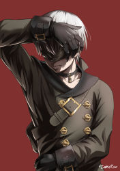 Rule 34 | 1boy, arm up, artist name, belt, black gloves, blindfold, buttons, closed mouth, collar, covered eyes, double-breasted, facing viewer, gloves, hand on forehead, highres, long sleeves, male focus, nier:automata, nier (series), red background, self hug, simple background, solo, stitches, takurowo, upper body, white hair, 9s (nier:automata)