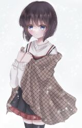 Rule 34 | 1girl, black thighhighs, blue eyes, blush, bob cut, brown hair, brown shawl, closed mouth, commentary, cowboy shot, expressionless, eyelashes, eyes visible through hair, hair between eyes, hand up, hands up, highres, kanon, long sleeves, looking afar, misaka shiori, outdoors, plaid shawl, shawl, short hair, snowing, solo, standing, suzu 701kt, sweater, thighhighs, white sweater, winter, zettai ryouiki