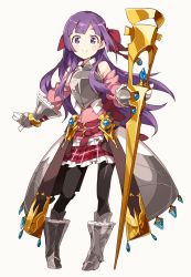 Rule 34 | 1girl, arianna caledonia, armor, armored boots, armored dress, bare shoulders, belt, black pantyhose, boots, bow, contrapposto, detached sleeves, etrian odyssey, frills, full body, gauntlets, hair bow, highres, kanyoko (yuzukano 17), long hair, looking at viewer, nknlak, pantyhose, plaid, plaid skirt, purple eyes, purple hair, red bow, red skirt, sekaiju no meikyuu, sekaiju no meikyuu 2, shin sekaiju no meikyuu 2, simple background, skirt, smile, solo, standing, tareme, weapon, white background