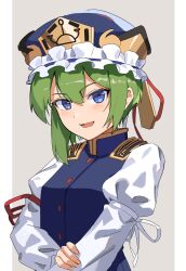 Rule 34 | 1girl, absurdres, asuka shirou, asymmetrical hair, blue eyes, blue hat, blue vest, breasts, buttons, epaulettes, frilled hat, frills, green hair, grey background, hair between eyes, hat, highres, juliet sleeves, long sleeves, looking at viewer, medium bangs, open mouth, puffy sleeves, red ribbon, ribbon, shiki eiki, shirt, short hair, simple background, sleeve ribbon, small breasts, smile, solo, touhou, two-tone background, upper body, vest, white background, white ribbon, white shirt