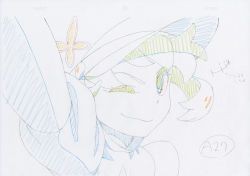 Rule 34 | 10s, 1girl, ;), armor, armored dress, closed eyes, color trace, earlobes, flower (symbol), hair flapping, hat, highres, jakuzure nonon, key frame, kill la kill, long earlobes, looking at viewer, official art, one eye closed, partially colored, portrait, production art, promotional art, short hair, sidelocks, signature, simple background, sketch, smile, trigger (company), white background, wink