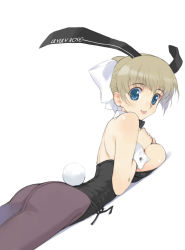 Rule 34 | 1girl, :p, animal ears, back, back-seamed legwear, bare shoulders, blonde hair, blue eyes, bow, bowtie, breast press, breast suppress, breasts, brown hair, clothes writing, detached collar, earrings, fake animal ears, hair bow, jewelry, large breasts, leotard, lying, mibu natsuki, on stomach, original, pantyhose, playboy bunny, ponytail, rabbit ears, red bow, ribbon, seamed legwear, solo, tongue, tongue out, white ribbon, wrist cuffs