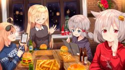 Rule 34 | 4girls, :d, ahoge, ame., arm behind back, azur lane, blonde hair, blue eyes, blue skirt, blue sweater, blush, bottle, box, breasts, brown sweater, burger, burger hair ornament, christmas, christmas tree, cleveland (azur lane), closed eyes, collared shirt, columbia (azur lane), commentary request, denver (azur lane), eyewear on head, flower, food, food-themed hair ornament, french fries, gift, gift box, hair between eyes, hair ornament, hand up, holding, holding menu, indoors, light brown hair, long hair, looking at viewer, menu, montpelier (azur lane), multiple girls, night, one side up, open mouth, parted bangs, parted lips, pleated skirt, pointing, profile, red eyes, red flower, red sweater, shirt, skirt, small breasts, smile, standing, sunglasses, sweater, very long hair, white shirt