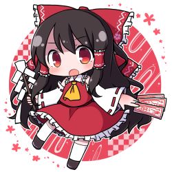 Rule 34 | 1girl, :o, bare shoulders, between fingers, black hair, blush, bow, chibi, commentary request, detached sleeves, eyebrows, frilled bow, frilled shirt collar, frills, full body, gohei, hair bow, hair tubes, hakurei reimu, highres, holding, long hair, long sleeves, looking at viewer, ofuda, open mouth, red bow, red eyes, red ribbon, rensei, ribbon, solo, stick, tareme, thighhighs, touhou, white thighhighs, wide sleeves, zettai ryouiki