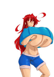 Rule 34 | 1girl, aeon708, breast lift, breasts, deep skin, female focus, gigantic breasts, long hair, midriff, navel, red hair, simple background, solo, thighs, underboob, white background
