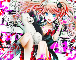 Rule 34 | 1girl, :d, bear hair ornament, black shirt, blood, blood on clothes, blood on face, blue eyes, bow, bowtie, breasts, cleavage, collarbone, danganronpa: trigger happy havoc, danganronpa (series), enoshima junko, fingernails, hair ornament, holding, jewelry, long hair, miniskirt, monokuma, nail polish, necklace, open mouth, pink blood, pink hair, pleated skirt, red bow, red bowtie, red nails, red skirt, sharp fingernails, shirt, sitting, skirt, smile, spoilers, twintails, wool (kurokrkr)