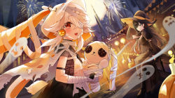 Rule 34 | 2girls, absurdres, aerial fireworks, alternate costume, animal hood, bandaged arm, bandages, black dress, black hair, blonde hair, blurry, blurry background, blush, breasts, dress, earrings, fake tail, fireworks, ghost, green eyes, halloween, hat, highres, holding, holding toy, hood, jewelry, lin (tower of fantasy), long hair, looking at viewer, medium breasts, mole, mole under eye, moon, multiple girls, night, one eye covered, open mouth, rabbit hood, ruby (tower of fantasy), smile, stuffed toy, tail, thighhighs, tower of fantasy, toy, yuki (asayuki101)
