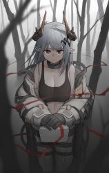 Rule 34 | 1girl, absurdres, arknights, bare tree, black collar, black gloves, black sports bra, bodysuit, breasts, cleavage, collar, collarbone, demon horns, forest, gloves, grey hair, hair ornament, highres, horns, infection monitor (arknights), kiryuu haru (445), large breasts, looking at viewer, material growth, mudrock (arknights), nature, navel, open bodysuit, open clothes, oripathy lesion (arknights), outdoors, red eyes, solo, sports bra, stomach, tree, white bodysuit