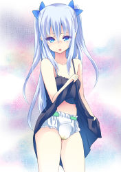 Rule 34 | 1girl, blue eyes, blue hair, clothes lift, diaper, dress, dress lift, gucchiann, highres, long hair, matching hair/eyes, navel, original, pee, pee stain, peeing, peeing self, ribbon, solo, tears, twintails, two side up, wet diaper