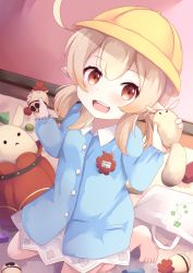 Rule 34 | 1girl, absurdres, ahoge, alternate costume, barefoot, bed, bed sheet, buttons, child, commentary request, contemporary, dodoco (genshin impact), doll, genshin impact, hair between eyes, hat, highres, holding, holding doll, jumpy dumpty, kindergarten uniform, klee (genshin impact), light brown hair, long hair, long sleeves, looking at viewer, low twintails, name tag, nyxerebos, orange eyes, pointy ears, school hat, sidelocks, sitting, smock, solo, stuffed animal, stuffed toy, translation request, twintails, wariza