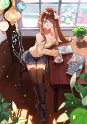 Rule 34 | 1girl, aran sweater, bare shoulders, beige sweater, black footwear, black thighhighs, blue eyes, blue skirt, book, brown hair, cable knit, cappuccino, chair, collarbone, cup, douyougen, flower, hair ornament, hand up, indoors, light particles, long hair, long sleeves, looking at viewer, miniskirt, off-shoulder sweater, off shoulder, original, pink flower, plaid, plaid skirt, plant, pleated skirt, potted plant, shoes, skirt, smile, solo, standing, sweater, table, teacup, thighhighs, zettai ryouiki