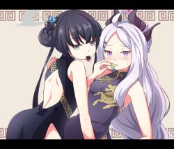Rule 34 | 2girls, ahoge, alternate costume, arm support, ass, back cutout, bent over, black dress, black gloves, black hair, blue archive, blush, breasts, butterfly hair ornament, china dress, chinese clothes, clothing cutout, commentary request, demon girl, demon horns, demon wings, double bun, dress, eating, embarrassed, feeding, food, forehead, from behind, gloves, grey shirt, hair between eyes, hair bun, hair ornament, hairclip, halo, head tilt, highres, hina (blue archive), holding, holding food, horns, kisaki (blue archive), leaning back, long hair, looking at another, looking at viewer, mochi, mouth hold, multiple girls, parted bangs, parted lips, ponytail, print dress, purple eyes, shirt, shoulder boards, side slit, sidelocks, simple background, sleeveless, small breasts, sweatdrop, twintails, wavy hair, white hair, wings, yukimi unagi