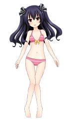Rule 34 | 10s, 1girl, :p, absurdres, ami (ammy33), bikini, black hair, blush, bow, bow bikini, breasts, collarbone, hair between eyes, hair bow, hair ornament, highres, long hair, navel, neptune (series), open mouth, pink bikini, red eyes, simple background, smile, solo, striped bikini, striped clothes, swimsuit, tiptoes, tongue, tongue out, twintails, uni (neptunia), yellow bow