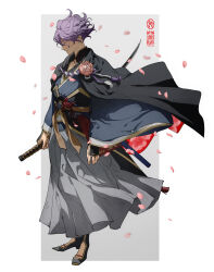 Rule 34 | 1boy, absurdres, armor, arms at sides, black cloak, black footwear, blue kimono, boots, bow, bowtie, cloak, closed eyes, closed mouth, commentary request, fingernails, floating clothes, floating hair, flower, from side, grey hakama, hakama, highres, ine (zx o4), japanese armor, japanese clothes, kasen kanesada, katana, kimono, male focus, petals, profile, purple hair, red flower, reverse grip, sash, scabbard, sheath, short hair, smile, solo, standing, sword, touken ranbu, two-sided fabric, unsheathed, weapon, white background
