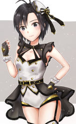Rule 34 | 1girl, antenna hair, black eyes, black gloves, black hair, black ribbon, bow, breasts, cape, cleavage, cleavage cutout, clothing cutout, cowboy shot, fingerless gloves, garter straps, gloves, gold trim, grey cape, hair between eyes, hand on own hip, hat, hat bow, hat ribbon, heart, highres, idolmaster, idolmaster (classic), kikuchi makoto, looking at viewer, mogskg, ribbon, short hair, short shorts, shorts, small breasts, smile, solo, sparkle, standing, striped, striped bow, thighhighs, top! clover, waist cape, white hat, white shorts, zettai ryouiki