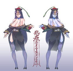 Rule 34 | 1girl, absurdres, areola slip, bai linqin, blush, breasts, cleavage, colored skin, detached collar, fate/grand order, fate (series), groin, hat, highres, jiangshi, large breasts, long hair, minamoto no raikou (fate), purple eyes, purple hair, purple skin, purple thighhighs, qingdai guanmao, red eyes, see-through, slingshot swimsuit, smile, swimsuit, thighhighs, very long hair