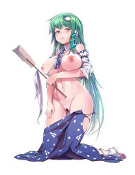 Rule 34 | 1girl, absurdres, bad id, bad pixiv id, bar censor, blue skirt, blush, breasts, censored, ddism, detached sleeves, frog hair ornament, gohei, green eyes, green hair, hair ornament, highres, kneeling, kochiya sanae, large breasts, long hair, looking at viewer, navel, nipples, no bra, no panties, shirt, simple background, skirt, snake hair ornament, socks, solo, torn clothes, torn shirt, torn skirt, touhou, very long hair, white background, white socks