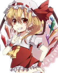 Rule 34 | &gt;:), 1girl, bad id, bad pixiv id, blonde hair, collarbone, female focus, flandre scarlet, grin, hand on own hip, hat, hat ribbon, highres, keita (tundereyuina), looking at viewer, red eyes, ribbon, side ponytail, skirt, smile, solo, touhou, v-shaped eyebrows, wings, wrist cuffs
