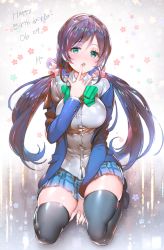 Rule 34 | 10s, 1girl, :3, black thighhighs, blazer, bow, bowtie, breasts, dated, dress shirt, finger to mouth, full body, green eyes, happy birthday, jacket, large breasts, long hair, love live!, love live! school idol project, low twintails, off shoulder, open clothes, open jacket, plaid, plaid skirt, pleated skirt, purple hair, repi, school uniform, shirt, sitting, skindentation, skirt, solo, thighhighs, tojo nozomi, twintails, wariza