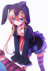 Rule 34 | 1boy, animal ears, animal hood, aqua eyes, black jacket, blonde hair, bloomers, blue eyes, blush, bow, carrot hair ornament, choker, chung seiker, closed mouth, colored eyelashes, criss-cross halter, elsword, eyebrows, fake animal ears, flower, food-themed hair ornament, frills, grey bow, hair between eyes, hair ornament, hairclip, halterneck, holding, hood, hooded jacket, jacket, leaning forward, legs apart, light particles, long hair, long sleeves, looking at viewer, male focus, open clothes, open jacket, paw print, purple ribbon, rabbit ears, rabbit hood, ribbon, ribbon-trimmed sleeves, ribbon trim, smile, solo, standing, striped clothes, striped thighhighs, thighhighs, trap, underwear, very long hair, wataru kuri, white background, wide sleeves