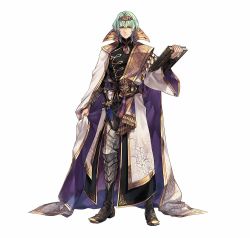 Rule 34 | 1boy, armor, asymmetrical clothes, book, boots, byleth (fire emblem), byleth (male) (fire emblem), cape, collar, collared shirt, dagger, fire emblem, fire emblem: three houses, fire emblem heroes, full body, gloves, green eyes, green hair, hagiya kaoru, hair ornament, holding, holding book, knife, long sleeves, nintendo, official art, sheath, sheathed, shirt, short hair, solo, weapon