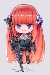Rule 34 | 1girl, arknights, bagpipe (arknights), commentary request, full body, gloves, grey background, highres, holding, holding weapon, horns, jacket, long hair, looking at viewer, mai oreki, open mouth, orange hair, simple background, skirt, smile, solo, thighhighs, weapon