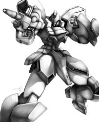 Rule 34 | absurdres, beam rifle, clenched hands, energy gun, greyscale, gun, gun-ez, gundam, haganef, highres, holding, holding gun, holding weapon, looking to the side, mecha, monochrome, no humans, robot, solo, victory gundam, weapon, white background, white eyes
