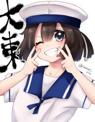 Rule 34 | 1girl, black hair, blue eyes, blue sailor collar, bob cut, character name, daitou (kancolle), dress, hat, high ponytail, imaori rin, kantai collection, looking at viewer, one-hour drawing challenge, one eye closed, sailor collar, sailor dress, sailor hat, short hair, short ponytail, short sleeves, solo, upper body, white dress, white hat