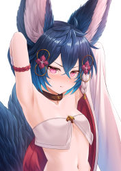 Rule 34 | 1girl, animal ear fluff, animal ears, armpits, arms up, bare shoulders, blue hair, blush, breasts, brown collar, cleavage, closed mouth, collar, collarbone, commentary request, crossed bangs, erune, eyelashes, fang, fang out, fox ears, fox girl, fox tail, granblue fantasy, hair between eyes, hair ornament, highres, lips, looking at viewer, multiple tails, navel, nose blush, off shoulder, purple eyes, short hair, simple background, slit pupils, small breasts, solo, sweat, tail, tail raised, tomo (tmtm mf mf), upper body, white background, you (granblue fantasy)