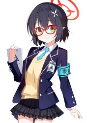 Rule 34 | 1girl, absurdres, ayane (blue archive), azunyan, black hair, blazer, blue archive, glasses, halo, highres, jacket, layered sleeves, long sleeves, looking at viewer, necktie, school uniform, shirt, short hair, simple background, skirt, solo, thighs, white background, yellow eyes