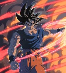 Rule 34 | 1boy, absurdres, angry, artist name, biceps, black hair, blue sash, blue shirt, blue wristband, clenched hand, closed mouth, collarbone, commentary, cowboy shot, dougi, dragon ball, dragon ball super, eegiiartto, energy, english commentary, frown, green eyes, highres, looking at viewer, male focus, muscular, muscular male, outstretched arm, pectoral cleavage, pectorals, sash, scene reference, scratches, shirt, signature, smoke, solo, son goku, spiked hair, standing, torn clothes, ultra instinct, v-shaped eyebrows, walking, wristband