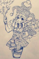 Rule 34 | 1girl, american flag dress, american flag legwear, arm behind back, bad id, bad twitter id, ballpoint pen (medium), bare arms, clownpiece, cowboy shot, dress, fire, greyscale, hat, holding, jester cap, long hair, looking at viewer, manarou, monochrome, neck ruff, open mouth, pantyhose, polka dot, short dress, short sleeves, smile, solo, star (symbol), star print, striped, torch, touhou, traditional media