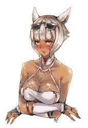 Rule 34 | absurdres, animal ears, armlet, bare shoulders, blush, breasts, bridal gauntlets, cat ears, cleavage, closed mouth, collarbone, commentary request, dark-skinned female, dark skin, eyewear on head, facial mark, final fantasy, final fantasy xiv, highres, hjz (artemi), ilsa34660285, large breasts, looking at viewer, miqo&#039;te, short hair, signature, silver hair, simple background, solo, sunglasses, upper body, white background, y&#039;shtola rhul