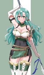 Rule 34 | 1girl, absurdres, aqua hair, armor, bare shoulders, braid, breastplate, breasts, chloe (fire emblem), cleavage, covered navel, elbow gloves, ereka, fire emblem, fire emblem engage, garter straps, gloves, green eyes, highres, large breasts, long hair, looking at viewer, nintendo, pegasus knight uniform (fire emblem), polearm, shoulder armor, side braid, single braid, skin tight, smile, solo, spear, very long hair, weapon, white gloves