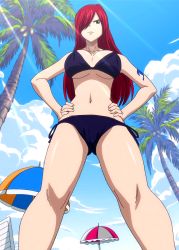 Rule 34 | bikini, breasts, cleavage, erza scarlet, fairy tail, highres, large breasts, long hair, red hair, screencap, stitched, swimsuit, tattoo, third-party edit, underboob