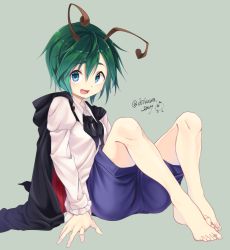 Rule 34 | 1girl, :d, antennae, arm support, artist name, bad id, bad pixiv id, barefoot, black cape, blue eyes, blue shorts, cape, chikuwa savy, commentary request, green hair, grey background, hair between eyes, knees up, long sleeves, looking at viewer, open mouth, shirt, short hair, shorts, simple background, sitting, smile, solo, sweat, touhou, twitter username, white shirt, wriggle nightbug