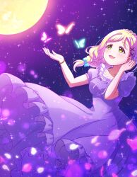 Rule 34 | 1girl, :3, blonde hair, blush, bow, braid, bug, butterfly, crown braid, dress, falling petals, frilled dress, frilled shirt collar, frills, glowing butterfly, green eyes, hair bow, hair ornament, hairclip, hand up, highres, insect, keplerlovelive, long hair, looking up, love live!, love live! sunshine!!, moon, night, night sky, ohara mari, open mouth, outstretched arm, petals, ribbon, short sleeves, sky, smile, solo, sparkle, square neckline, star (sky), starry sky, wind, x hair ornament