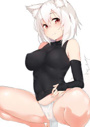 Rule 34 | 1girl, animal ears, ass, bare shoulders, black gloves, breasts, cameltoe, covered erect nipples, covered navel, elbow gloves, fundoshi, gloves, inubashiri momiji, japanese clothes, looking at viewer, medium breasts, panties, red eyes, short hair, simple background, smile, solo, spread legs, squatting, tail, terazip, touhou, underwear, white background, white hair, white panties, wolf ears, wolf tail