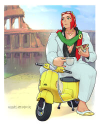 Rule 34 | 1girl, bracelet, breasts, cleavage, coffee, coffee cup, cup, disposable cup, food, formal, gold necklace, gold ring, green eyes, hair slicked back, highres, holding, holding food, holding pizza, jewelry, looking to the side, marisa (street fighter), medium breasts, mole, mole under eye, moped, motor vehicle, multiple necklaces, multiple rings, muscular, muscular female, necklace, no bra, official alternate costume, official alternate hairstyle, open clothes, open shirt, pizza, pizza slice, quasimodox, red hair, red nails, ring, scarf, short hair, sitting, solo, street fighter, street fighter 6, suit, white suit