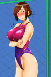 Rule 34 | 1girl, blush, breast rest, breasts, brown eyes, brown hair, competition swimsuit, ganto, hair ornament, hairclip, highleg, highleg swimsuit, huge breasts, kenkou zenrakei suieibu umishou, one-piece swimsuit, shizuoka mirei, short hair, solo, swimsuit, translation request