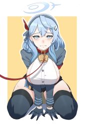 Rule 34 | 1girl, absurdres, ako (blue archive), all fours, bad id, bad pixiv id, bell, blue archive, blue eyes, blue hair, border, breasts, carcass (artist), collar, crying, crying with eyes open, full body, gloves, hair between eyes, headband, highres, large breasts, leash, looking at viewer, neck bell, sideboob, simple background, solo, sweatdrop, tears, thick thighs, thighhighs, thighs, two-tone background, white border, yellow background