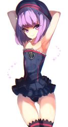 Rule 34 | 1girl, armpits, arms up, bad id, bad pixiv id, bare shoulders, black panties, collarbone, dress, fate/grand order, fate (series), gluteal fold, helena blavatsky (fate), highres, looking at viewer, panties, purple eyes, purple hair, sefirot, simple background, smile, solo, strapless, strapless dress, suminagashi, thigh gap, thighhighs, underwear, white background