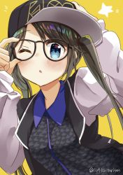Rule 34 | 1girl, arm up, black-framed eyewear, black hair, black hat, blue eyes, blush, glasses, hat, highres, idolmaster, idolmaster shiny colors, long hair, long sleeves, looking at viewer, mitsumine yuika, murase kirise, parted lips, solo, twintails, twitter username, upper body, yellow background