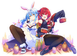 Rule 34 | 2girls, animal ear fluff, animal ears, black coat, black footwear, black pantyhose, black thighhighs, blue hair, blush, bottle, braid, breasts, buttons, cleavage, coat, commentary request, cropped jacket, detached sleeves, don-chan (usada pekora), dress, extra ears, fang, full body, fur scarf, gold trim, hair ribbon, highres, hololive, houshou marine, knee up, large breasts, legs, leotard, leotard under clothes, long hair, long sleeves, looking at viewer, medium breasts, multicolored hair, multiple girls, off shoulder, one eye closed, open mouth, pantyhose, rabbit-shaped pupils, rabbit ears, rabbit girl, red hair, red ribbon, ribbon, sake bottle, scarf, shiny clothes, shiny skin, short eyebrows, short sleeves, sidelocks, simple background, sitting, skin fang, skindentation, sleeveless, sleeveless dress, sleeves past fingers, sleeves past wrists, streaked hair, symbol-shaped pupils, thick eyebrows, thighhighs, thighs, twin braids, twintails, usada pekora, usada pekora (1st costume), virtual youtuber, white background, white footwear, white hair, white scarf, yagi (yagiumaaai), yellow eyes