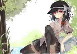 Rule 34 | 1girl, bow, breasts, brown hair, covered erect nipples, hat, hat bow, mikagemaru (mikage000), see-through, short hair, solo, thighhighs, touhou, tree, usami renko, water, wet, wet clothes, zettai ryouiki