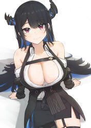Rule 34 | 1girl, adapted costume, asymmetrical horns, bare shoulders, black hair, blue hair, breast focus, breasts, cleavage, colored inner hair, demon horns, hair ornament, highres, hololive, hololive english, horns, large breasts, long hair, looking at viewer, mole, mole under eye, multicolored hair, nerissa ravencroft, nerissa ravencroft (1st costume), red eyes, smile, solo, two-tone hair, uneven horns, virtual youtuber, watercat322
