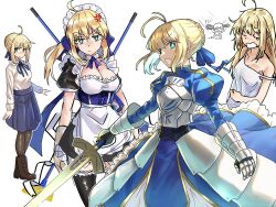 Rule 34 | 1boy, 1girl, absurdres, ahoge, alternate breast size, alternate costume, alternate hairstyle, anger vein, antenna hair, apron, armor, armored dress, artoria pendragon (all), artoria pendragon (fate), black dress, black thighhighs, blonde hair, blue bow, blue dress, blue ribbon, blue skirt, boots, bow, braid, breastplate, breasts, broom, brown footwear, brown pantyhose, chibi, cleavage, closed eyes, closed mouth, collarbone, commentary, dress, ebora, emiya shirou, english commentary, enmaided, excalibur (fate/stay night), fate/stay night, fate (series), food, french braid, green eyes, hair bow, hair ribbon, highres, holding, holding sword, holding weapon, juliet sleeves, long sleeves, maid, maid headdress, medium breasts, neck ribbon, off shoulder, open mouth, pancake, pantyhose, ponytail, puffy short sleeves, puffy sleeves, ribbon, saber (fate), shirt, short hair, short sleeves, simple background, sitting, skirt, sleepy, sleeveless, sleeveless shirt, sword, thighhighs, waist apron, waking up, weapon, white apron, white background, yawning
